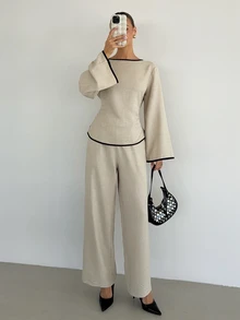 Siren Gaze Women's Round-Neck, Flared-Sleeve, Long-Sleeve, Fitted-Waist Shirt And Pants Set-Perfect For Business, Commuting, And Everyday Work Wear In The Fall. - Apricot - View 5