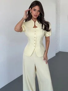 Firerie Women's Solid Color Short Petal Sleeve Single-Breasted Jacket And Wide Leg Pants Elegant Suit Set - Light Yellow - View 3