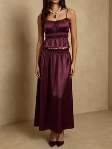 Cévolie Summer Elegant Solid Color Cami Skirt 2 Pieces Set - Burgundy - View 3