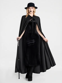 Breakform Halloween Gothic Style Women's Fashion Solid Color Hooded Velvet Lace-Up Open Front Oversized Cape Coat - Black - View 3