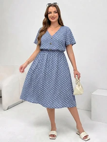 Shapeblank 大尺碼女款波點短袖口袋休閒洋裝 - 霧霾藍 - 查看 4