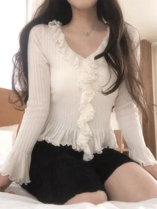 DAZY Women's V-Neck Ruffle Trim Long Sleeve Korean Style Elegant Sweater Fall Vacation - Beige - View 3