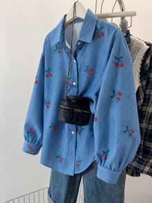 1pc Tween Girls Turn-Down Collar Long Sleeve Button-Down Cherry Pattern Blouse, Casual Top, Autumn - Blue - View 3