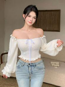 DAZY 秋冬毛絨女款修身優雅通勤上衣，白色蕾絲拼接綁帶荷葉邊 T-shirt，適合婚禮宴會派對 - 米色 - 查看 8