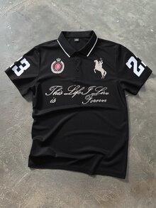 PAVTROS 男士大尺碼字母與騎士圖案休閒日常短袖 Polo 衫，哥德風 - 黑色 - 查看 1