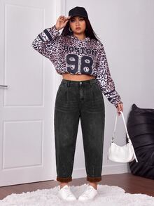 Firerie Plus-Size Women's Dark Grey Washed Straight-Leg Jeans Featuring A High-Waisted, Loose Fit, Cuffed Hems, And A Warm Fleece Lining. - Black - View 4