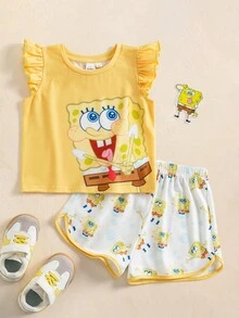 SpongeBob SquarePants | SHEIN Young Girl Cartoon Print T-Shirt And Shorts Set - Yellow - View 1