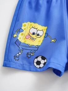 SpongeBob SquarePants | SHEIN 男嬰字母卡通印花短袖T恤與短褲休閒日常套裝 - 藍色 - 查看 5