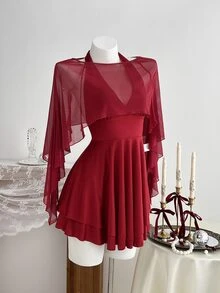Elamini Set Gaun Mini Seksi Leher V Model Halter Warna Merah Anggur Minimalis untuk Pesta Wanita + Atasan Syal - Burgundy - View 3