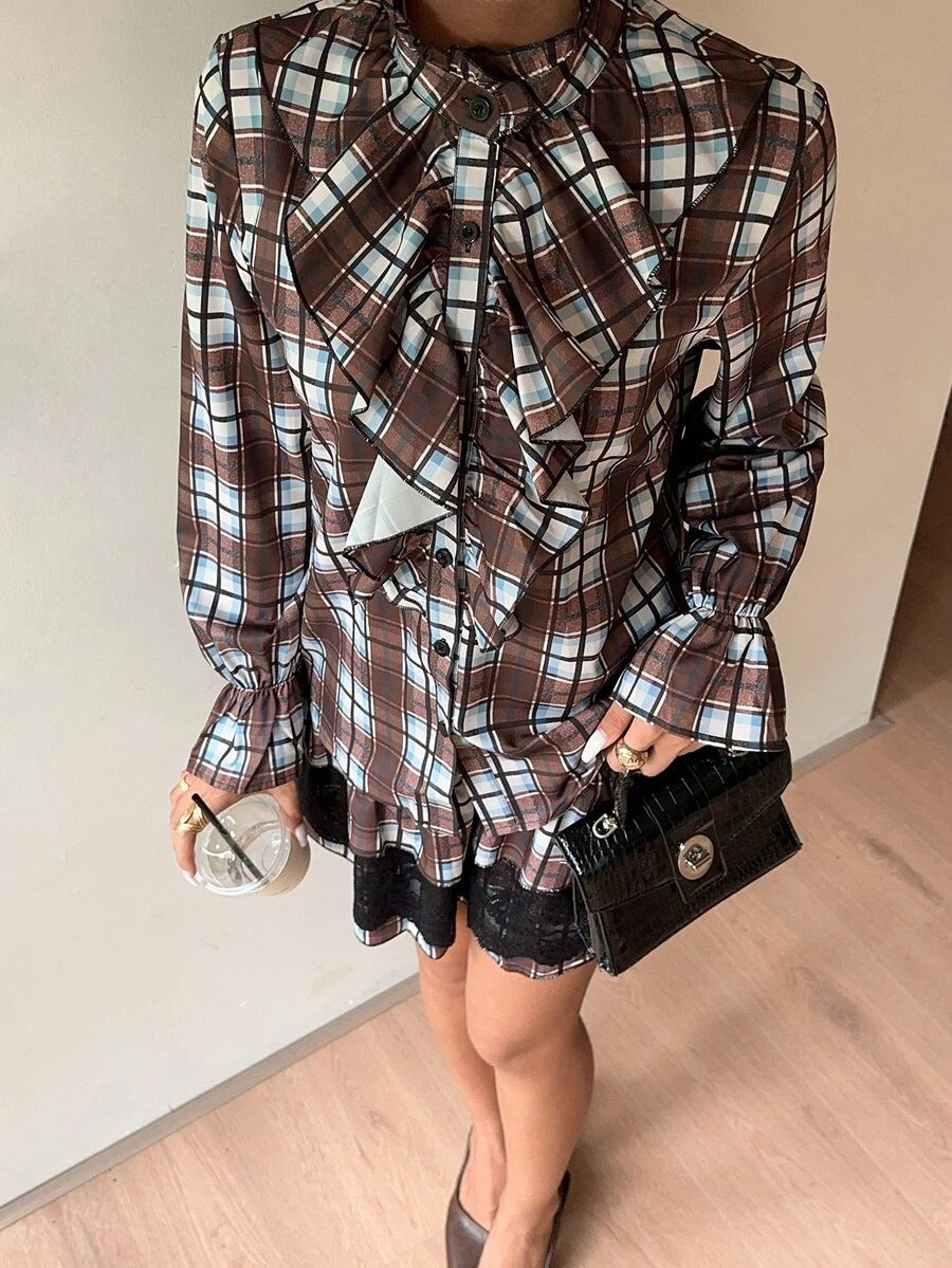 SHEIN New Vintage Preppy Commuter Plaid Ruffle Collar Long Sleeve Blouse & Lace Patchwork Ruffle Hem Mini Skirt 2-Piece Set For Women - Multicolor - View 1