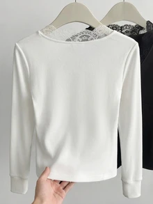 GlowEve Fall Clothes FOR WomenWomen's Gentle Versatile Lace Patchwork Long Sleeve T-Shirt - White - View 2