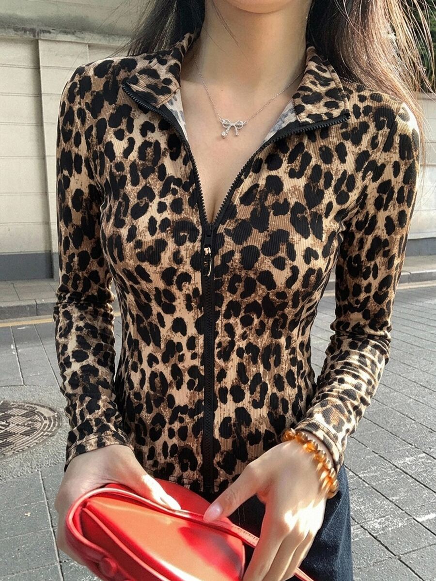 DAZY 女款豹紋拉鍊休閒百搭日常旅行長袖外套 秋季 - 咖啡棕 - 查看 1