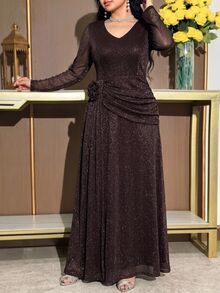 Modelyn Plus Size Women's V-Neck Shiny Casual Party Dress - Coffee Brown - View 6