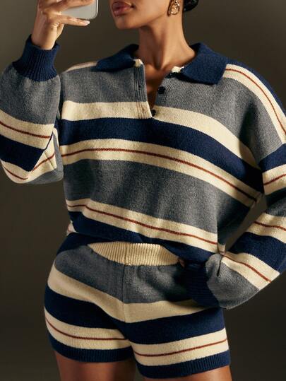 Hauture Women's Colorblock Striped Polo Dropped Shoulder Sweater And Shorts 2-Piece Set, Loose Long Sleeve Knit Pullover Matching Outfit, Casual Set