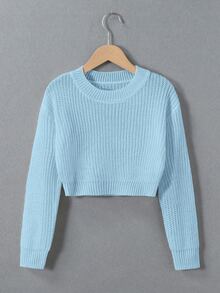 SHEIN Tween Girl Autumn Casual Solid Color Cropped Sweater - Baby Blue - View 7