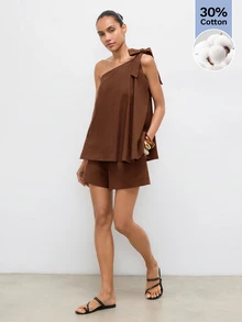 Maija Loose Asymmetric Neck Tie Strap Tank Top With Contrast Stitching, Linen Blend, Casual Comfortable Beach Brunch Vacation Minimalist Coffee Brown Summer - Brown - View 7