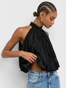 Maija Women's Solid Color Pleated Fashion Elegant Halter Top Party Cocktail Night Out Black Summer - Black - View 1
