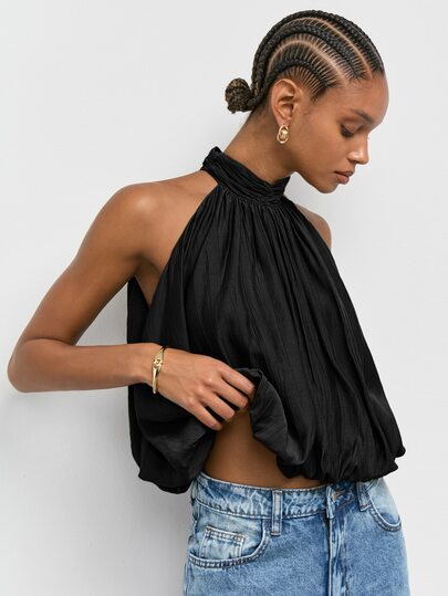 Maija Women's Solid Color Pleated Fashion Elegant Halter Top Party Cocktail Night Out Black Summer