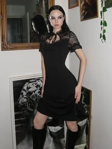 Glisette Gaun Pendek Hitam Wanita untuk Halloween, Elegan, Vintage, dan Imut - Hitam - View 3