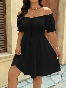 SHEIN LUNE Plus Size Women's Solid Color Ruffle Trim Off-Shoulder Front Tie Dress For Island Vacation - Black - View 3