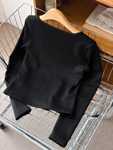 DAZY Women's Minimalist Button Half-Placket Long Sleeve T-Shirt For Daily Wear Fall - Black - View 12