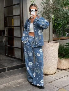 DAZY Women's Floral Print All-Over Loose Denim Jacket And Straight Leg Pants Vacation Style Denim Set Fall - Medium Wash - View 2