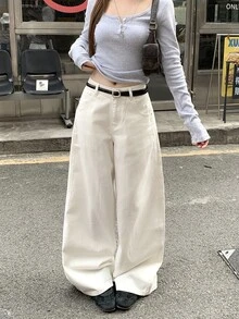 DAZY Women's White High-Waist Loose Wide Leg Casual Versatile Washed Denim Jeans, Streetwear Daily Outfit Fall - Blue - View 3