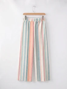 EMERY ROSE Colorful Striped Shirt And Long Pants 2 Pieces Set, Plus Size, Suitable For Early Autumn Outings - Multicolor - View 4