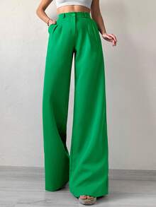 SHEIN Petite Solid Color Wide Leg Casual Long Suit Pants - Green - View 3