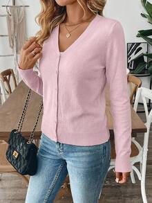 SHEIN Tall Women's Casual Everyday Office Commute Simple Solid Color Button Front Lightweight Cardigan - Baby Pink - View 3