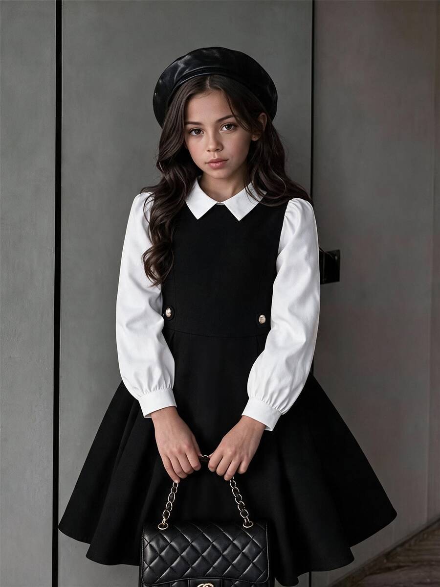 SHEIN Tween Girls Fall Dresses Shirt Collar Mesh Sleeve Pearl Decor Preppy Elegant Knit Fitted Floral Loose Ruched Halloween School Graduation White Black - Black - View 1