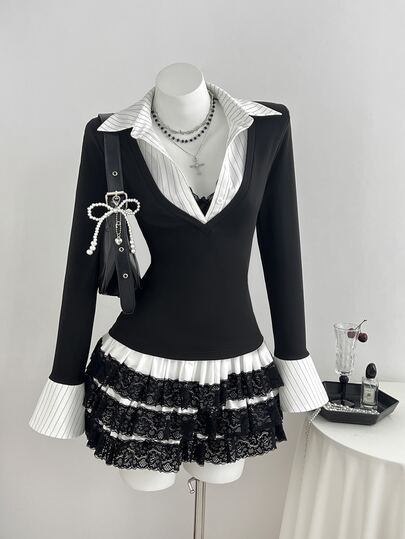 Elamini Camicia da donna autunno/inverno in maglia nera con patchwork a righe bianche, finta 2 pezzi, bottoni frontali semi-aperti, maniche lunghe con polsini a campana spaccati, elegante casual per ufficio, pendolarismo, uscite, appuntamenti, stile vintage preppy, versatile per uso quotidiano