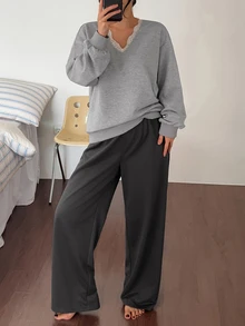 DAZY Women's Contrast Lace Long Sleeve Top And Long Pants Pajama Set - Grey - View 6