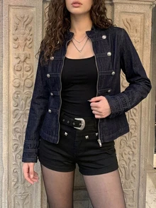 DAZY Women's Elegant Small Stand Collar Denim Jacket And Coat Fall - Dark Wash - View 7