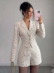 SHEIN Elenzya Women's Polka Dot Print Button Jacket And Shorts Suit Set - Apricot - View 7