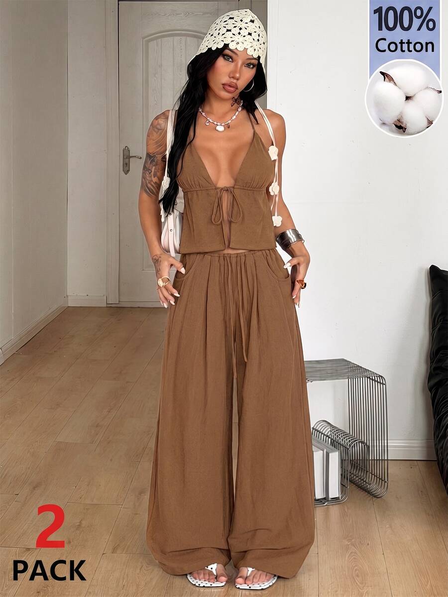 Coolane Women's Solid Color Front Tie Halter Neck Tank Top And Wide Leg Pants Sexy Two Pieces Set - Brown - View 1