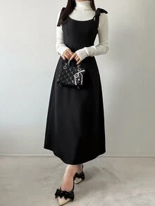 FRIFUL Gaun Tank Panjang Berlapis dengan Tali Ikat di Belakang untuk Wanita di Musim Gugur - Hitam - View 2