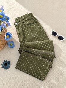 Comfortcana 女款休閒波點鈕扣口袋牛仔褲，適合日常穿著與外出，百搭百搭 - 軍綠色 - 查看 3