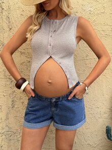 SHEIN Maternity Casual Versatile Daily Wear Denim Shorts With Pockets Jean Shorts - Dark Wash - View 7