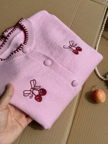 少女櫻桃刺繡長袖單排扣針織開襟衫 - 粉色 - 查看 7