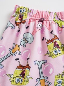 SpongeBob SquarePants | SHEIN 女童卡通印花短袖上衣與短褲居家休閒套裝 - 彩色 - 查看 6