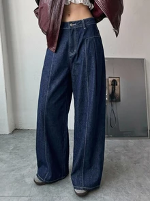 DAZY 女款純色寬鬆百褶拼接寬腿休閒白色百搭長褲，四季秋季適用 - 深色水洗藍 - 查看 5