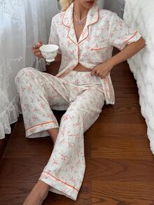CottageSlumber Women's Floral Print Lapel Short Sleeve Long Pants Bubble Crinkle Pajama Set - Burnt Orange - View 8