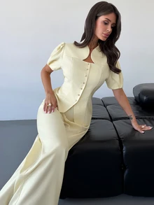 Firerie Women's Solid Color Short Petal Sleeve Single-Breasted Jacket And Wide Leg Pants Elegant Suit Set - Light Yellow - View 2