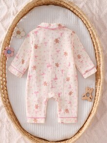 SHEIN Vintaside Kids 新生兒舒適柔軟保暖米色獅子熊貓熊月亮兔子印花領口鈕扣前開長袖連身衣 4件/1 - 彩色 - 查看 3