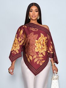 SOLERSUN 女款春夏時尚優雅休閒度假襯衫，斜肩、露肩、不對稱肩、插肩袖、蝙蝠袖、不對稱下擺、方巾下擺，杏黃色花卉定位印花，適合日常穿著、休閒度假、音樂節、返校季、教師節、假日穿著，寬鬆休閒襯衫 - 酒紅色 - 查看 8