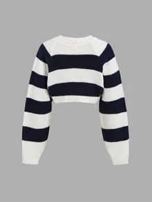 Sweetra Cardigan Pendek Longgar Bergaris Tebal Kontras Biru & Putih untuk Wanita - MultiWarna - View 2