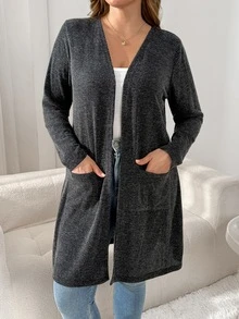 Shapeblank Plus-Size Women's Autumn/Winter Casual Western Gothic Stretch Grey Long Cardigan Office Formal Teacher Club - Black - View 4