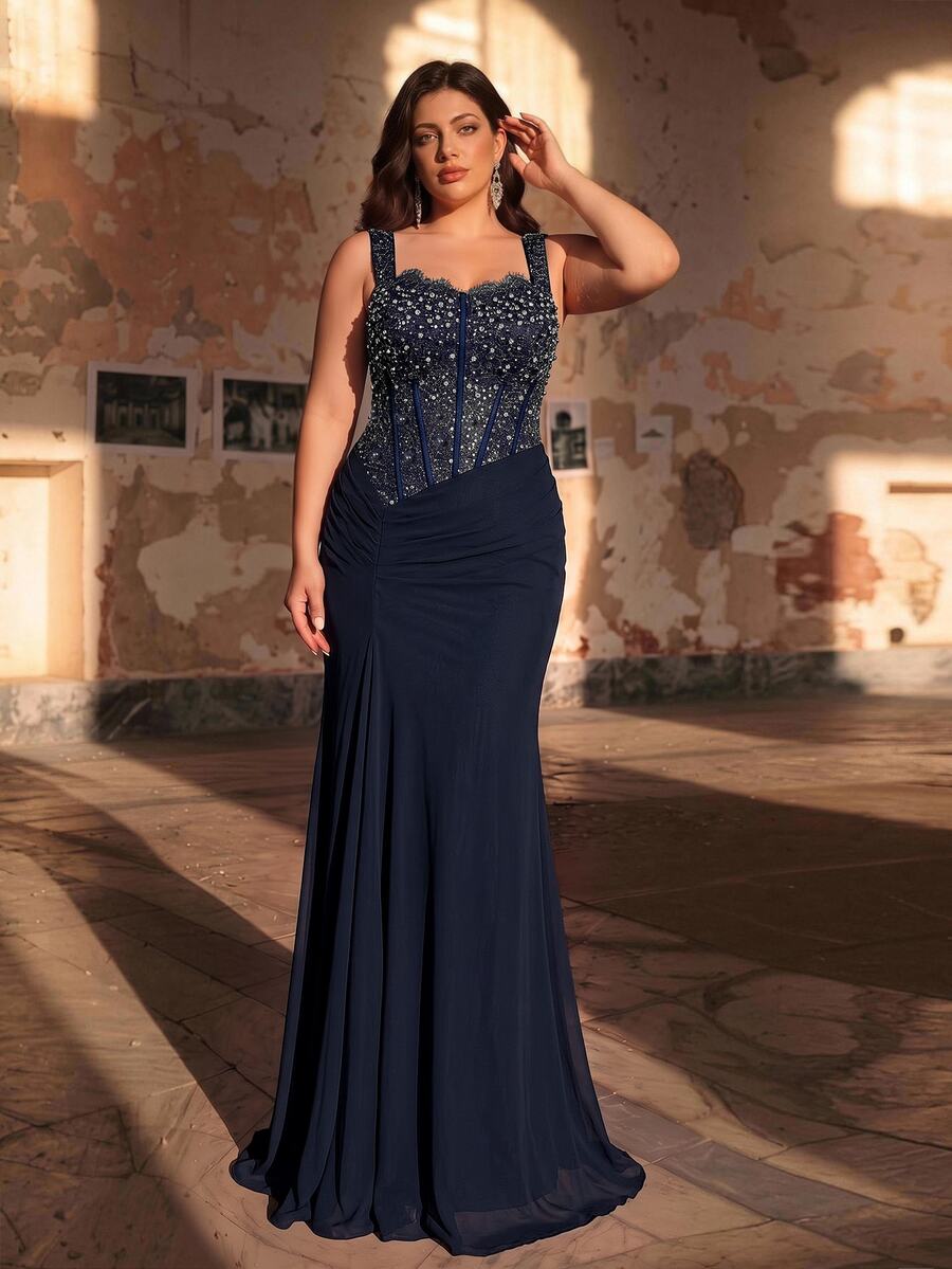 Aureia Plus Size Elegant Romantic Sweetheart Neckline Spaghetti Strap Luxury French Lace Sheer Mesh Patchwork Knit Fabric Ruched Waist A-Line Evening Dress For Wedding Party Celebration Formal Event Gala (Intricate Design) - Navy Blue - View 1
