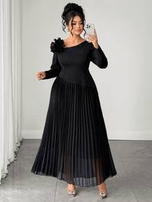 Elenzga Gaun Lipit Elegan Ukuran Plus dengan Dekorasi Bunga 3D untuk Pesta Koktail, Makan Malam Formal, Warna Hitam, Musim Gugur, Pernikahan - Hitam - View 5